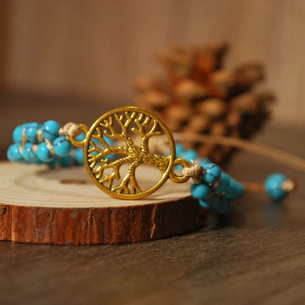 Natural African Stone Bead Bracelet & Bangle with Tree of Life Braided Charm